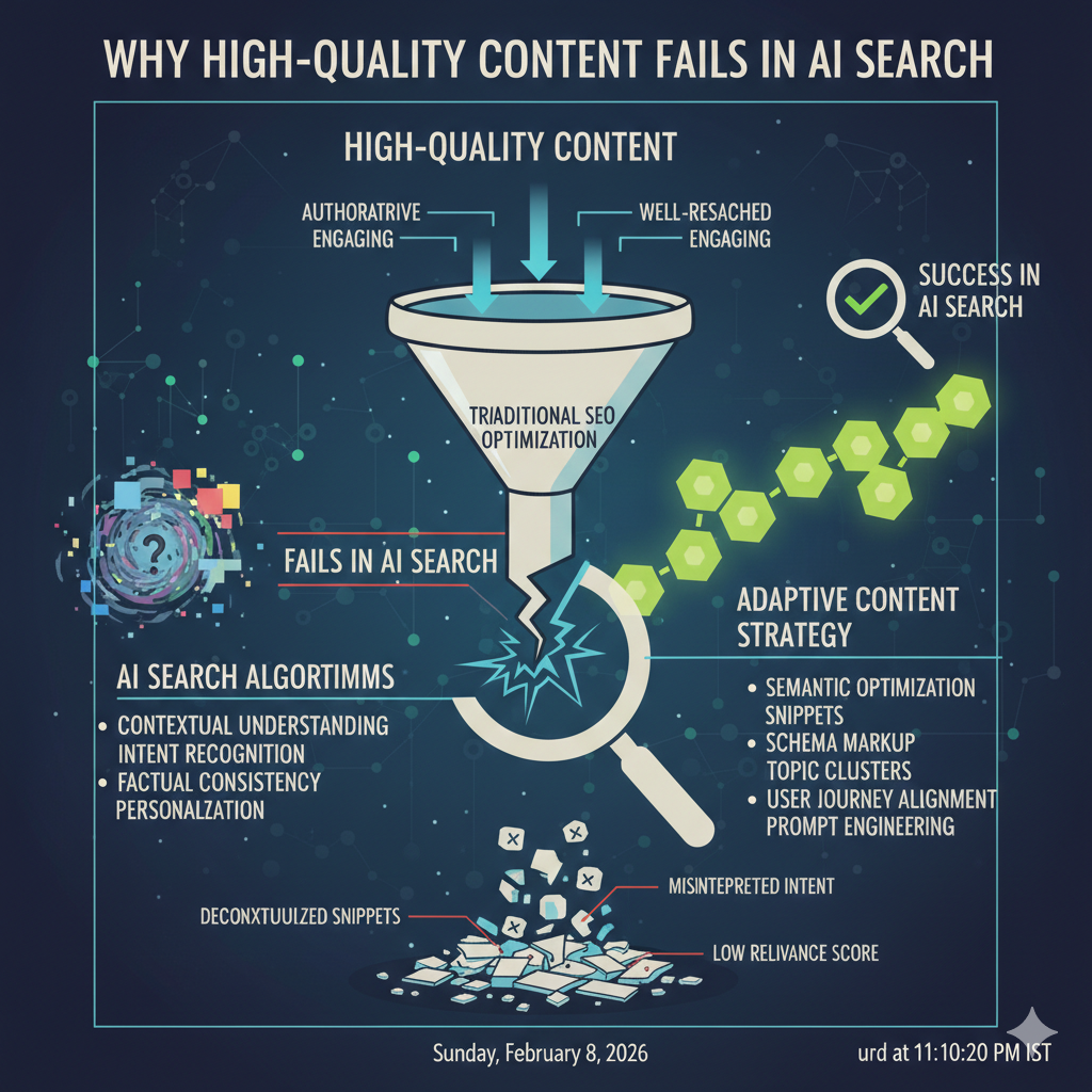 Infographic titled "Why High-Quality Content Fails in AI Search" showing a broken funnel representing traditional SEO. It illustrates how authoritative content can be misinterpreted by AI algorithms, resulting in low relevance scores, and contrasts this with an "Adaptive Content Strategy" that uses semantic optimization, schema markup, and topic clusters for success.