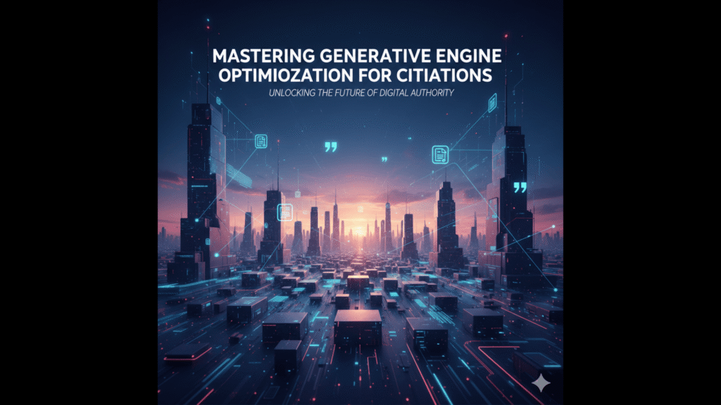 A futuristic, high-tech cityscape representing Generative Engine Optimization (GEO), featuring digital skyscrapers, glowing data networks, and quotation mark icons symbolizing AI citations. The title "Mastering Generative Engine Optimization for Citations" is displayed prominently at the top.