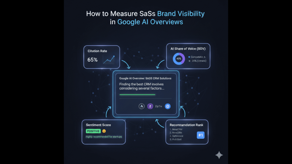An infographic titled 'How to Measure SaaS Brand Visibility in Google AI Overviews' featuring a central dashboard with four key metric cards: Citation Rate (65%), AI Share of Voice (40%), Sentiment Score (Positive), and Recommendation Rank (#1). The design uses a dark theme with blue and purple neon accents