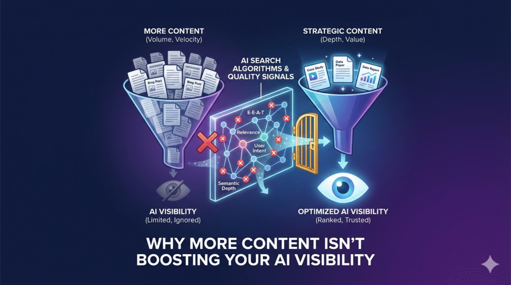 A professional SaaS illustration comparing high-volume "MORE CONTENT" against high-value "STRATEGIC CONTENT." The high-volume content on the left is blocked by a filter labeled "AI SEARCH ALGORITHMS & QUALITY SIGNALS" (checking for E-E-A-T, Relevance, User Intent, Semantic Depth), resulting in limited visibility. The strategic content on the right passes through the filter, achieving "OPTIMIZED AI VISIBILITY." The title text reads: "WHY MORE CONTENT ISN'T BOOSTING YOUR AI VISIBILITY."
