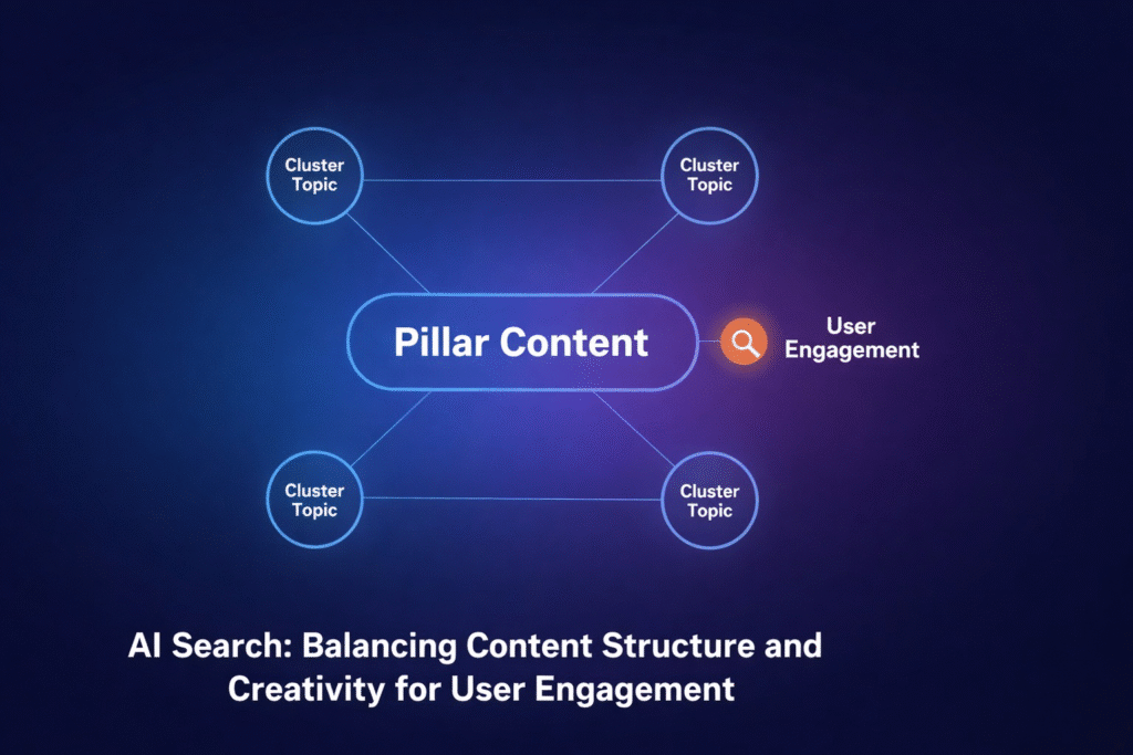 A professional B2B SaaS illustration on a dark navy background showing a content strategy diagram. A central "Pillar Content" node is connected to several "Cluster Topic" nodes with clean lines, featuring a subtle orange magnifying glass icon. Centered white text below reads: "AI Search: Balancing Content Structure and Creativity for User Engagement."