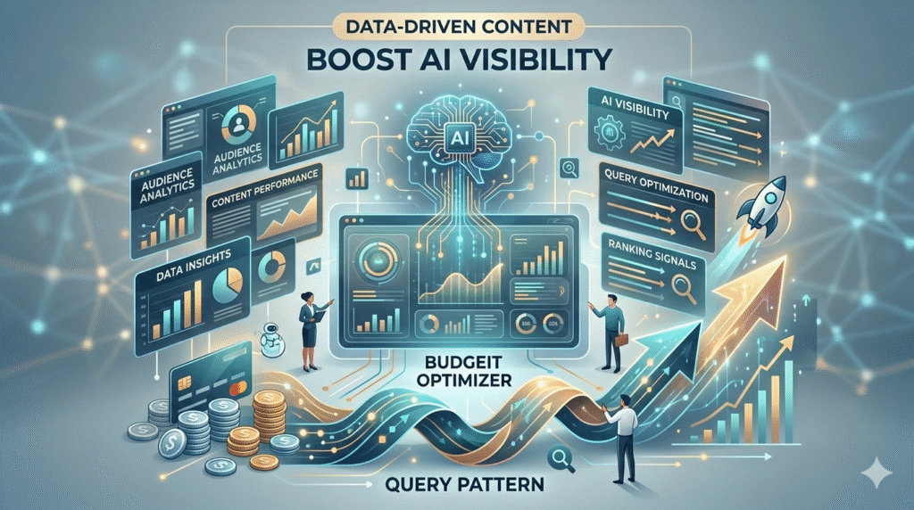 An isometric infographic illustrating "BUDGET OPTIMIZER" and "QUERY PATTERN" for boosting AI visibility with data-driven content. A large central brain labeled "AI" processes data from various floating screens showing analytics and performance metrics, while arrows and graphs point toward a rocket representing growth. People interact with dashboards and stacks of coins in a futuristic setting.
