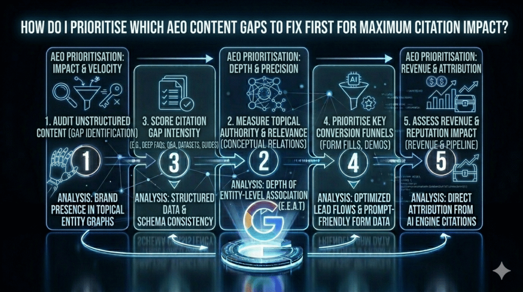 "A five-step dark-mode infographic framework illustrating 'How Do I Prioritise Which AEO Content Gaps to Fix First for Maximum Citation Impact?', mapping five stages: AEO audit and gap identification, scoring citation intensity, measuring topical authority and EEAT, prioritising conversion funnels, and assessing revenue and reputation impact. All set within a futuristic digital data architecture."
