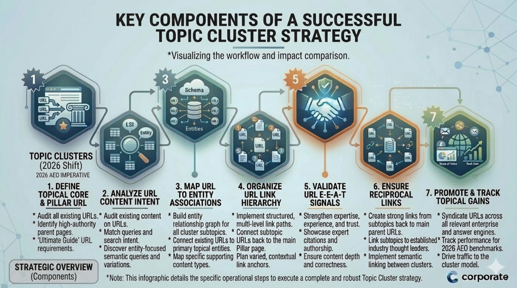 An infographic titled "KEY COMPONENTS OF A SUCCESSFUL TOPIC CLUSTER STRATEGY," detailing a seven-step corporate workflow for transition from isolated keywords to connected clusters. The graphic features a flow of numbered hexagons, starting from "1. DEFINE TOPICAL CORE & PILLAR URL" (auditing and identifying high-authority pages) to "7. PROMOTE & TRACK TOPICAL GAINS" (syndicating URLs and tracking 2026 AEO benchmarks). Intermediary steps include "2. ANALYZE URL CONTENT INTENT," "3. MAP URL TO ENTITY ASSOCIATIONS," "4. ORGANIZE URL LINK HIERARCHY," "5. VALIDATE URL E-E-A-T SIGNALS," and "6. ENSURE RECIPROCAL LINKS." Each section has icons, brief bullet descriptions, and connections via lines and data flow symbols, set against a networked digital background with glowing blue, teal, and green accents. Detailed bullet lists for each step are also provided at the bottom. A 'corporate' logo is in the bottom right, and a concluding note describes the AEO and Topic Cluster landscape. All text is clearly legible, and the visual style is a clean, corporate infographic with glowing accents on a light background.