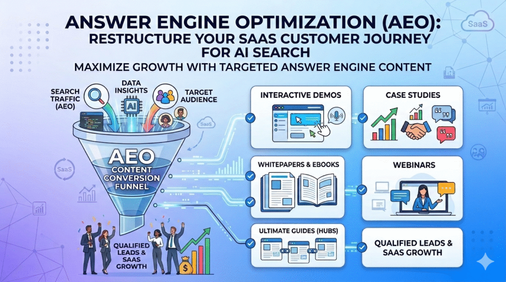 An infographic titled "Answer Engine Optimization (AEO): Restructure Your SaaS Customer Journey for AI Search." The visual features a conversion funnel labeled "AEO Content Conversion Funnel" that processes search traffic and data insights into qualified leads. It highlights key SaaS content stages including Interactive Demos, Case Studies, Whitepapers, Webinars, and Ultimate Guides, all connected by digital data pathways.