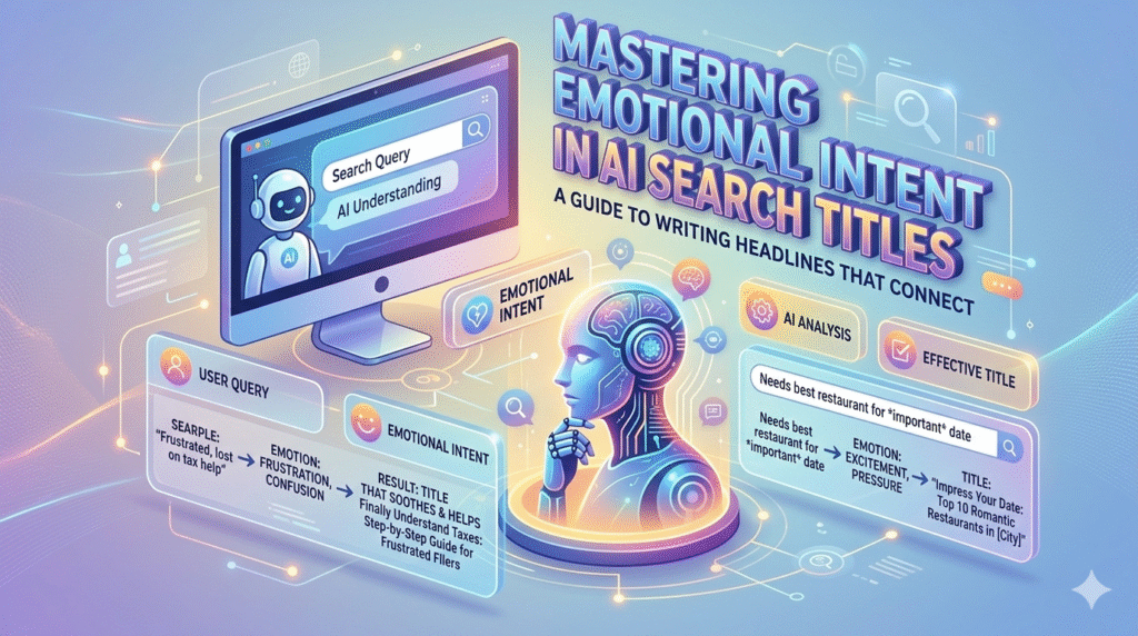 A 16:9 infographic illustrating how to create effective blog titles by aligning them with the emotional intent of search queries in AI search. The image is an isometric digital illustration with a clean, blue and purple palette and glowing accents. The central title is: "MASTERING EMOTIONAL INTENT IN AI SEARCH TITLES." Below it is the subtitle: "A GUIDE TO WRITING HEADLINES THAT CONNECT." The diagram is organized into sections: Top Left (AI Interpretation): A computer monitor with a small robot icon shows text input "Search Query" and "AI Understanding." A thought bubble connects this to the text "EMOTIONAL INTENT." Left Middle (Example 1: Frustration): A box labeled "USER QUERY" shows a scenario: "Frustrated, lost on tax help" leading to "EMOTION: FRUSTRATION, CONFUSION." An arrow connects to the "RESULT: TITLE THAT SOOTHES & HELPS" – "Finally Understand Taxes: Step-by-Step Guide for Frustrated Filers." Center Bottom (AI Processing): An isometric 3D robot bust is shown analyzing and processing information. Right Side (Example 2: Excitement/Pressure): Another box shows a search query: "Needs best restaurant for important date" leading to "EMOTION: EXCITEMENT, PRESSURE." An arrow connects to the "TITLE: 'Impress Your Date: Top 10 Romantic Restaurants in [City]'" and a search bar with a magnifying glass. Right Top (Strategy Overview): Icons for "AI ANALYSIS" and "EFFECTIVE TITLE" are present, along with various abstract search and connection icons, magnifying glasses, and data visualizations. The overall design features glowing data lines and interconnected nodes, emphasizing the process of AI understanding user emotions to generate relevant headlines.