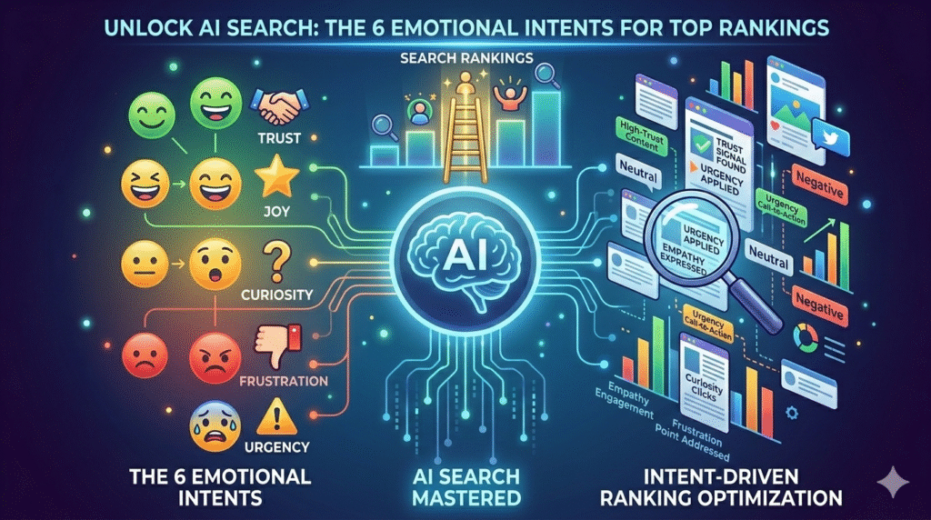An infographic explaining how an AI brain analyzes six specific emotional intents (Trust, Joy, Curiosity, Frustration, Urgency) and performs intent-driven optimization (analyzing "Trust Signals," "Urgency Applied," and "Empathy Expressed") to master AI Search Rankings. The graphic illustrates the process of modern Answer Engine Optimization (AEO).