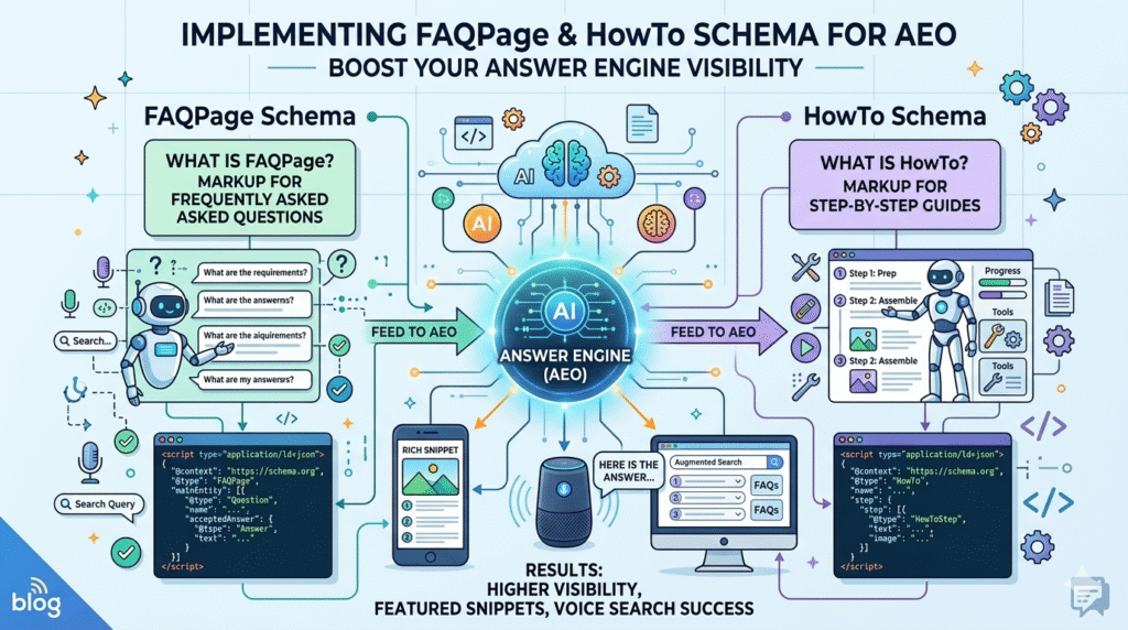 A 16:9 infographic titled "Implementing FAQPage & HowTo Schema for AEO" that illustrates the flow of structured data to an AI answer engine. The visual shows how FAQPage markup (for questions and answers) and HowTo markup (for step-by-step guides) feed into an AI system, resulting in increased visibility, rich snippets, and improved performance in voice and augmented search results.