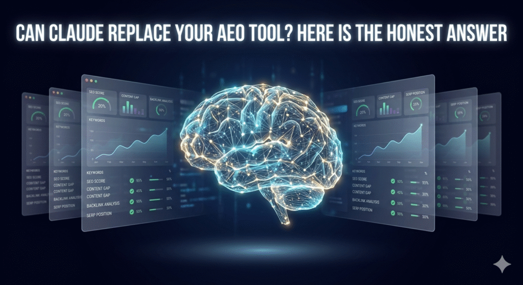 A futuristic digital illustration titled "CAN CLAUDE REPLACE YOUR AEO TOOL? HERE IS THE HONEST ANSWER." The image features a glowing, intricate neural network brain at the center, surrounded by multiple layers of floating, translucent holographic user interface (UI) panels. These panels display technical data visualizations, analytics charts, line graphs, and metrics with labels like "SEO SCORE," "CONTENT GAP," "BACKLINK ANALYSIS," and "SERP POSITION." Small icons of graphs and numbers with percentages and green checkmarks are visible. The panels are identical and fade into each other, creating a sense of a vast, integrated data stream against a dark, futuristic background with soft light trails. The overall aesthetic is clean, minimal, and futuristic.