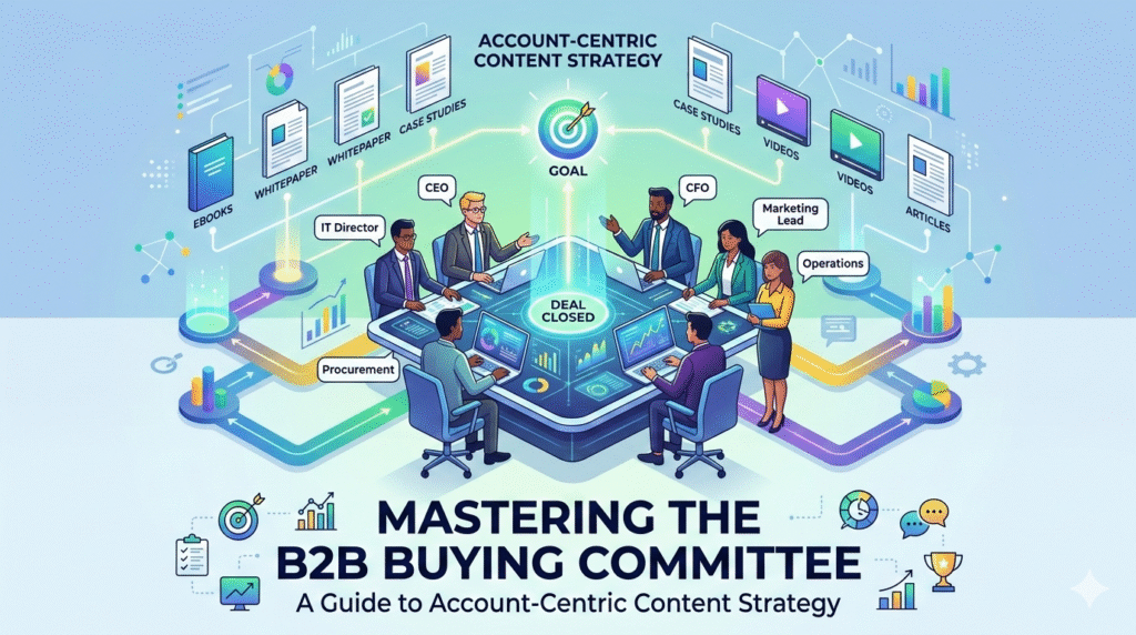 A 16:9 infographic illustrating a B2B buying committee. Seven stakeholders, labeled CEO, CFO, IT Director, Marketing Lead, Operations, and Procurement, are seated around a futuristic table analyzing data. Icons representing content strategy (ebooks, whitepapers, case studies, videos, articles) surround them. The image includes text: 'ACCOUNT-CENTRIC CONTENT STRATEGY', 'GOAL', 'DEAL CLOSED', and the main title: 'MASTERING THE B2B BUYING COMMITTEE: A Guide to Account-Centric Content Strategy.'