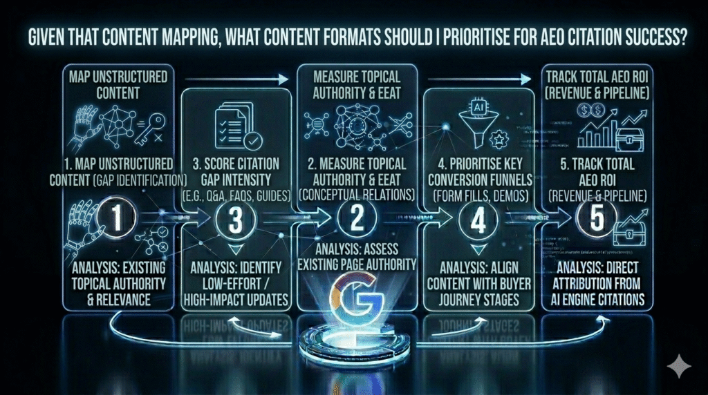 "A five-stage infographic framework titled 'Given That Content Mapping, What Content Formats Should I Prioritize for AEO Citation Success?', set in a clean, futuristic dark-mode digital data environment. The timeline outlines five steps: 1. Audit unstructured content and gap identification, 2. Measure topical authority and conceptual relations, 3. Score citation gap intensity for formats like deep FAQs and datasets, 4. Prioritize key conversion funnels aligned with buyer journey stages, and 5. Track total AEO ROI with direct citation attribution. A stylized Google 'G' icon is featured at the center of the timeline."
