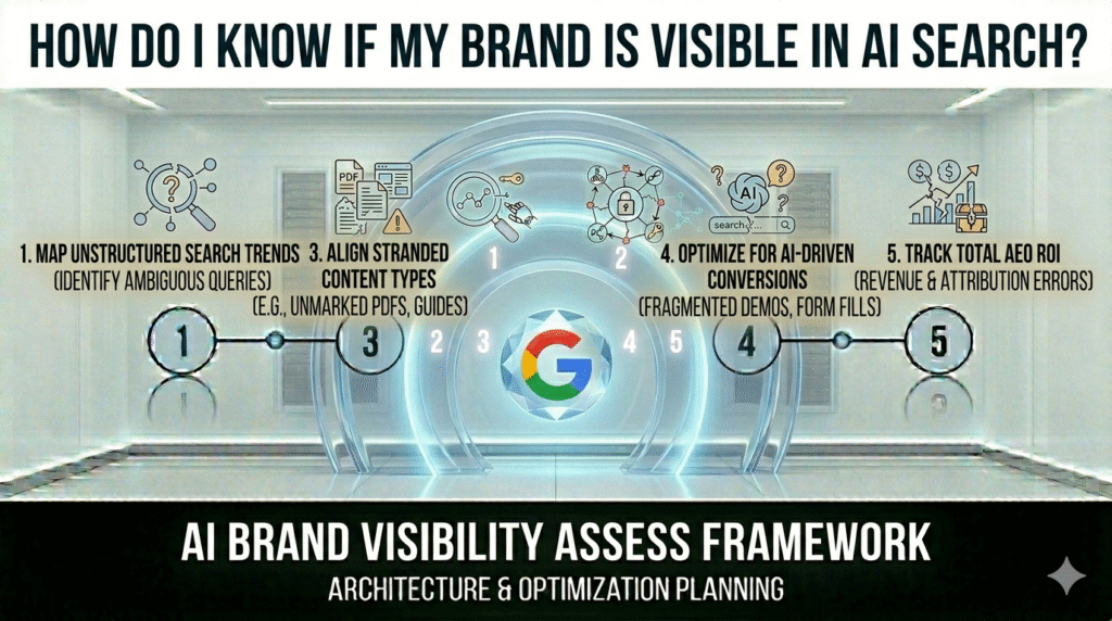 "A five-stage arch-style infographic illustrating an 'AI Brand Visibility Assess Framework' in a clean white digital environment, featuring icons for mapping unstructured search trends, identifying stranded content, monitoring entity indexing, optimizing conversions, and tracking ROI within a futuristic data architecture."