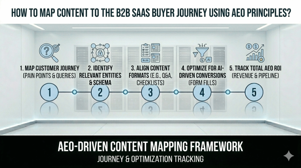 A five-stage minimalist infographic timeline illustrating the AEO-Driven Content Mapping Framework, featuring icons for mapping customer journeys, identifying entities, aligning content formats, optimizing conversions, and tracking ROI, all set in a futuristic white server room environment
