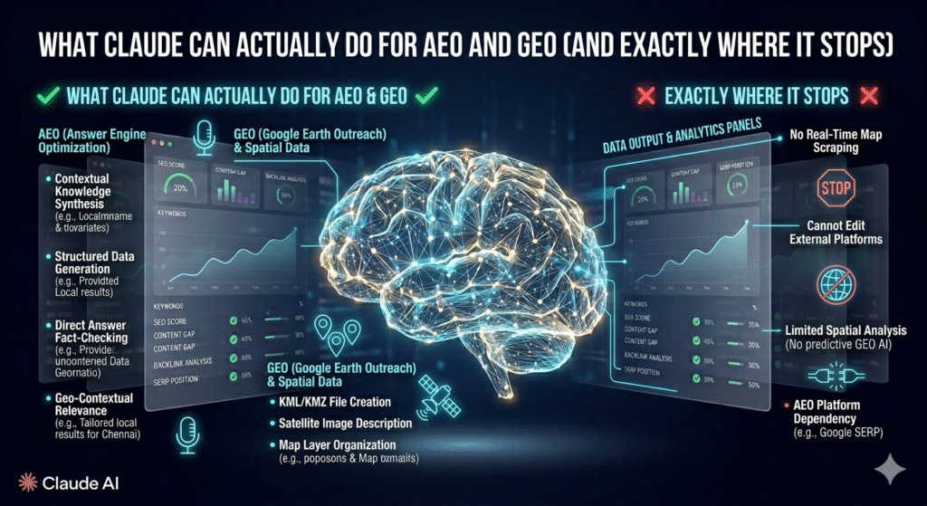 An informative infographic comparing the capabilities and limitations of the Claude AI model for Answer Engine Optimization (AEO) and Geographic Search Optimization (GEO). The left side details "What Claude Can Actually Do for AEO & GEO" with checkmarks for capabilities such as contextual knowledge synthesis, structured data generation, and geo-contextual relevance (e.g., local Chennai results). It also highlights GEO capabilities like KML/KMZ file creation and map layer organization. The right side specifies "Exactly Where It Stops" with "X" marks, listing limitations like no real-time map scraping, inability to edit external platforms, limited spatial analysis, and dependency on AEO platforms like Google SERP. The central visualization shows a glowing, networked digital brain connected to multiple data analytics panels. The text "What Claude Can Actually Do for AEO and GEO (And Exactly Where It Stops)" is at the top. The Claude AI logo is in the bottom-left corner.