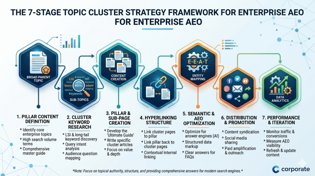 A detailed infographic illustrating 'The 7-Stage Topic Cluster Strategy Framework for Enterprise AEO' (Answer Engine Optimization). The seven hexagonal stages are: 1. Pillar Content Definition, 2. Cluster Keyword Research, 3. Pillar & Sub-Page Creation, 4. Hyperlinking Structure, 5. Semantic & AEO Optimization (focusing on E-E-A-T and Entity Mapping), 6. Distribution & Promotion, and 7. Performance & Iteration. Each stage is supported by icons, bullet points with detailed action items, and clear internal linking arrows. The overall theme focuses on topical authority, structure, and providing answers for modern search engines. A bar chart and a network diagram border the top and sides.