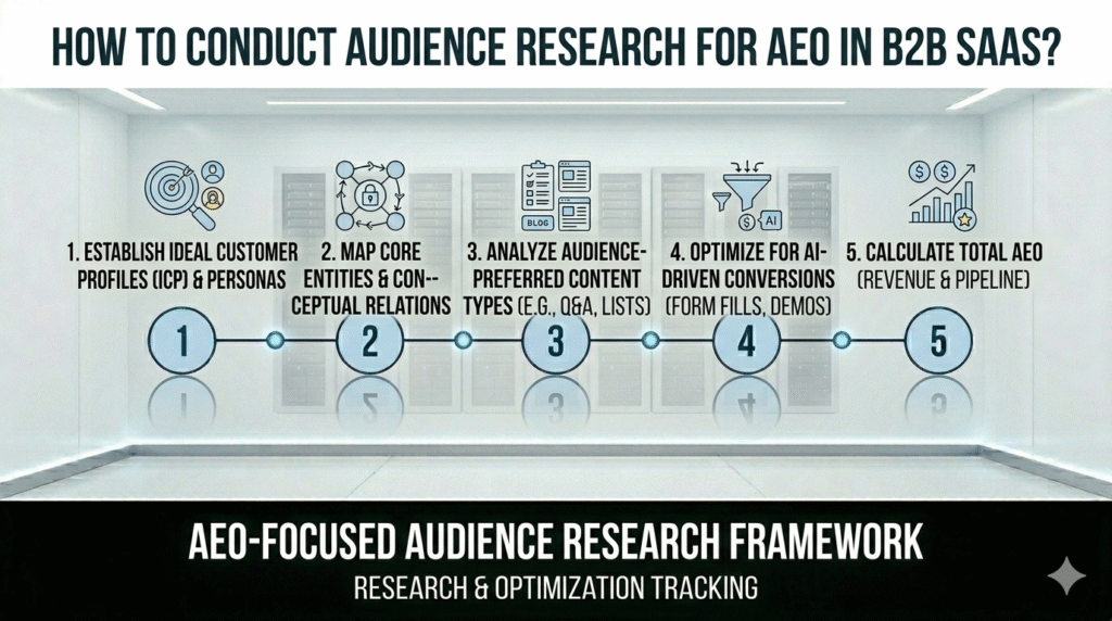 "A five-stage minimalist infographic illustrating an AEO-focused audience research framework for B2B SaaS, featuring icons for ICP and persona development, mapping core entities, analyzing content types, optimizing AI conversions, and calculating total ROI."