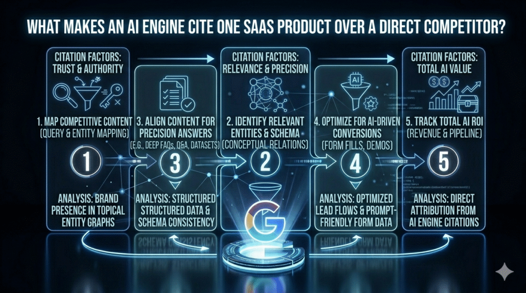 "A dark-mode infographic framework titled 'What Makes an AI Engine Cite One SaaS Product Over a Direct Competitor?', outlining five key stages: competitive content mapping, precision content alignment, entity and schema identification, AI-driven conversion optimization, and total AI ROI tracking within a futuristic digital data architecture."