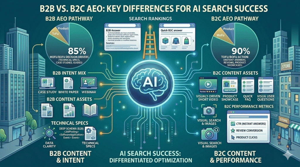 An infographic comparing B2B and B2C Answer Engine Optimization (AEO) strategies, titled "B2B VS. B2C AEO: KEY DIFFERENCES FOR AI SEARCH SUCCESS." The image features a central glowing AI brain node with text below it stating "AI SEARCH SUCCESS: DIFFERENTIATED OPTIMIZATION." The left side, labeled "B2B CONTENT & INTENT," is dedicated to the "B2B AEO PATHWAY." It shows a pie chart for "B2B INTENT MIX," dominated by 85% "MOFU/BOFU DECISION DRIVERS (TECHNICAL SPECS, CASE STUDIES, GUIDES)." Icons below this pathway illustrate "B2B CONTENT ASSETS" including Case Studies, White Papers, Webinars, detailed reports, multi-page Guides, and Technical Specs, along with a focus on "DATA CLARITY" and "TECHNICAL SPECS" supported by "DEEP SCHEMA (B2B)." The background is a corporate skyline. The right side, labeled "B2C CONTENT & PERFORMANCE," is dedicated to the "B2C AEO PATHWAY." It shows a pie chart for "B2C INTENT MIX," dominated by 90% "TOFU/BOFU ACTION (INSTANT ANSWERS, REVIEWS, PRODUCT SHOWCASES)." Icons below this pathway illustrate "B2C CONTENT ASSETS" including Visually-Driven Short Videos, Product Showcases with an "Add to Cart" button, Quick FAQs, and Visual User Questions. It also features a section on "B2C PERFORMANCE METRICS" with a data screen tracking CTR (Instant Answers), Review Conversion, and Product Clicks, along with icons for "VISUAL SEARCH & IMAGES." The background is a retail skyline with storefronts. The center section above the AI brain shows "SEARCH RANKINGS." On the B2B side, there is a detailed B2B Answer panel with "Sources." On the B2C side, there is a panel with a "Quick B2C answer." The entire infographic has a clean, high-tech illustrative style with glowing blue circuit lines on a teal and blue gradient background, contrasting corporate skyscrapers (left) with active storefronts (right).