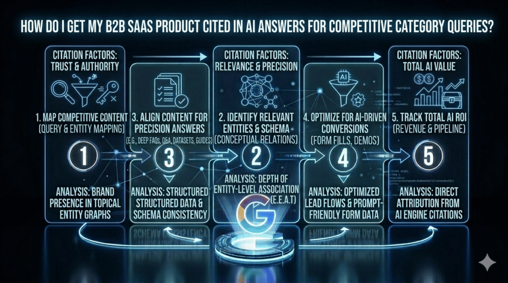 "A five-stage infographic framework titled 'How Do I Get My B2B SaaS Product Cited in AI Answers for Competitive Category Queries?', illustrating the path from competitive query mapping to AI ROI, with stages for trust, precision content alignment, entity graphs, conversion optimization, and direct citation attribution, set in a clean digital data architecture."