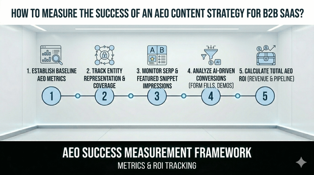 A five-stage minimalist infographic illustrating a framework to measure AEO success for B2B SaaS, featuring icons for baseline metrics, entity representation, SERP monitoring, AI-driven conversions, and total ROI calculation, presented in a clean white digital environment.