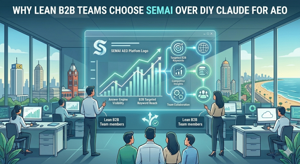 Alt Text: A detailed conceptual illustration of a B2B office in Chennai, where a 'Lean B2B Team' (as labeled below the cluster of six people) is focused on a large, glowing blue, transparent data dashboard. The dashboard displays a large 'S' logo, a main graph with upward-trending bars and lines, and several interconnected icons on the right with abstract text-free labels: 'Targeted B2B Answer Keywords' (Target with Arrow), 'Competitor Answer Analysis' (Magnifying Glass over Chart), 'AEO Platform Integrations' (Linking Gears), and 'Predictive Answer Score' (Star in AEO symbol). Smaller sub-features with text-free icons are connected to each main feature. Below the main dashboard, an arrow points to a 'CHOOSE' checkmark. The six people stand and sit, with several individual workstations (desks with computers, all displaying simplified versions of the main dashboard) arranged around the central screen. The large windows of the modern high-rise office provide a detailed view of the Chennai skyline, featuring specific landmarks: the LIC Building, the Anna Salai clock tower, the central station dome, other iconic buildings, and Marina Beach on the far right under a bright sky. Lighting is bright, casting clear light and shadows, and highlighting the futuristic hologram. The overall style is sophisticated, clean, and highly detailed.