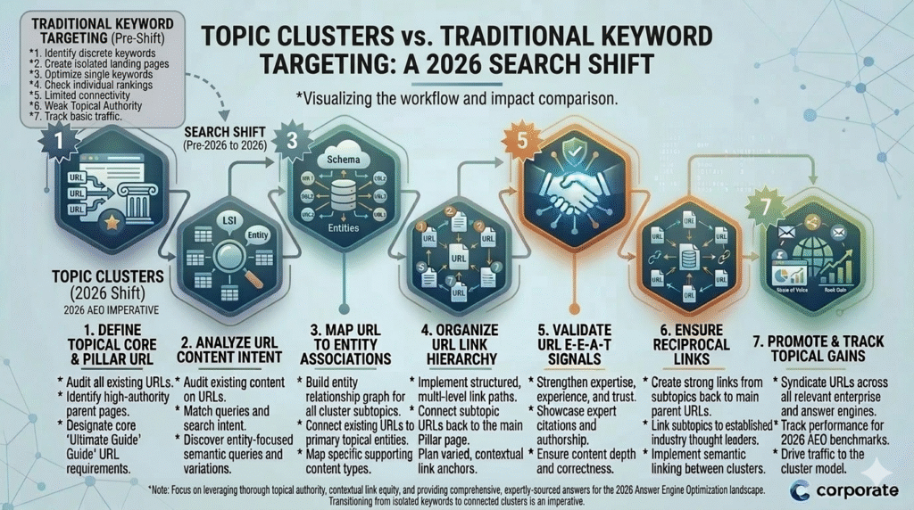 An infographic titled "TOPIC CLUSTERS vs. TRADITIONAL KEYWORD TARGETING: A 2026 SEARCH SHIFT," comparing old and new SEO workflows. The graphic shows a flow of numbered hexagons, with a box in the top left comparing "TRADITIONAL KEYWORD TARGETING (Pre-Shift)" (focus on individual keywords and isolated pages, low authority) with "TOPIC CLUSTERS (2026 Shift)" (a semantic, structured approach). The steps for Topic Clusters are detailed as: 1. DEFINE TOPICAL CORE & PILLAR URL (identifying high-authority parent pages and ultimate guide requirements), 2. ANALYZE URL CONTENT INTENT (discovering entity-focused queries and intent), 3. MAP URL TO ENTITY ASSOCIATIONS (building entity graphs and connecting supporting content types), 4. ORGANIZE URL LINK HIERARCHY (implementing multi-level link paths back to the pillar), 5. VALIDATE URL E-E-A-T SIGNALS (strengthening expertise and citations), 6. ENSURE RECIPROCAL LINKS (creating semantic linking between clusters), and 7. PROMOTE & TRACK TOPICAL GAINS (syndicating URLs and tracking 2026 AEO benchmarks). A 'corporate' logo is in the bottom right corner, and a detailed note discusses topical authority and semantic answers. All text is clearly legible, and the visual style is a professional corporate infographic with glowing accents on a light background.