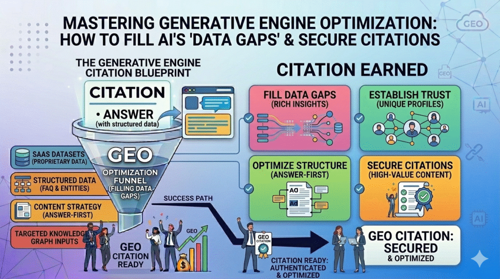 An infographic titled "Mastering Generative Engine Optimization: How to Fill AI's 'Data Gaps' & Secure Citations." The visual showcases a "GEO Optimization Funnel" that utilizes SaaS proprietary datasets, structured data (FAQs & Entities), and answer-first content strategies. On the right, four actionable steps are outlined: Fill Data Gaps with rich insights, Establish Trust via unique profiles, Optimize Structure for answers, and Secure Citations through high-value content, leading to a "GEO Citation: Secured & Optimized" success path.
