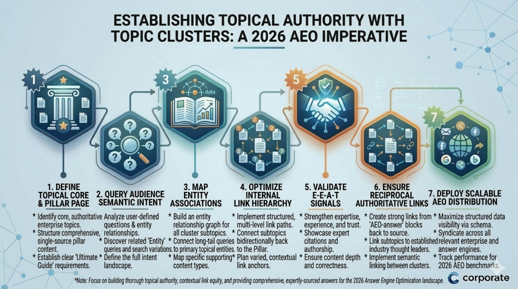 An infographic titled "ESTABLISHING TOPICAL AUTHORITY WITH TOPIC CLUSTERS: A 2026 AEO IMPERATIVE" detailing a seven-step corporate workflow. The workflow is presented in numbered hexagonal sections connected by lines, starting from "1. DEFINE TOPICAL CORE & PILLAR PAGE" to "7. DEPLOY SCALABLE AEO DISTRIBUTION," set against a networked digital background with glowing blue, teal, and green accents. Each section features a unique icon and bulleted text describing the action. Stage 1 (Pillar and Star) focuses on core topics and comprehensive pillar content. Stage 2 (Magnifying glass and Questions) targets audience semantic intent and entity queries. Stage 3 (Open book with network map and "Data") builds entity relationship graphs. Stage 4 (Connected document hierarchy) implements structured link paths. Stage 5 (Glowing handshake and shield) validates E-E-A-T signals. Stage 6 (Linked authoritative document) ensures reciprocal links. Stage 7 (Global distribution and social icons) covers distribution and performance tracking. A 'corporate' logo is in the bottom right, and a concluding note at the bottom details the AEO and Topical Authority landscape. All text is clearly legible, and the composition has a high-tech, professional aesthetic.