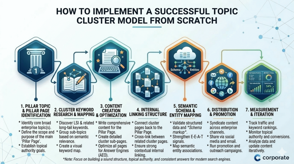 An infographic titled "HOW TO IMPLEMENT A SUCCESSFUL TOPIC CLUSTER MODEL FROM SCRATCH," illustrating a 7-step process using interconnected hexagonal icons and detailed text. The stages are: 1. PILLAR TOPIC & PILLAR PAGE IDENTIFICATION (with a Greek pillar and a star), 2. CLUSTER KEYWORD RESEARCH & MAPPING (with a notebook and magnifying glass), 3. CONTENT CREATION & OPTIMIZATION (with a computer and detailed document), 4. INTERNAL LINKING STRUCTURE (showing connected internal documents), 5. SEMANTIC SCHEMA & ENTITY MAPPING (with a cloud and data nodes labeled "Schema" and "Entities"), 6. DISTRIBUTION & PROMOTION (with a globe, share arrows, and social media logos), and 7. MEASUREMENT & ITERATION (with a detailed data dashboard including graphs and performance metrics). The corporate style features glowing blue, green, and orange hexes on a light background with background network nodes and a corporate logo. Detailed bullet points describe action items for each stage. A final note is at the bottom.