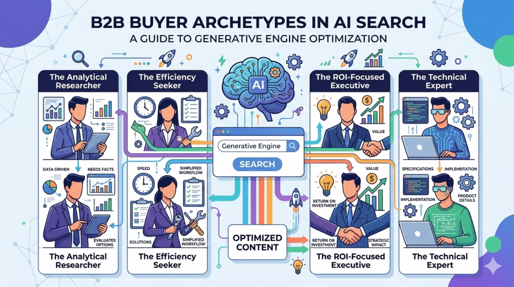A 16:9 infographic illustrating four B2B buyer archetypes in AI search: The Analytical Researcher, The Efficiency Seeker, The ROI-Focused Executive, and The Technical Expert. Each character has relevant icons and text descriptions. In the center, a brain labeled "AI" and a search bar labeled "Generative Engine SEARCH" are connected to "OPTIMIZED CONTENT," demonstrating how to target these personas in generative search engines. The style is a clean, modern illustration with a color palette of blues, greens, and oranges.