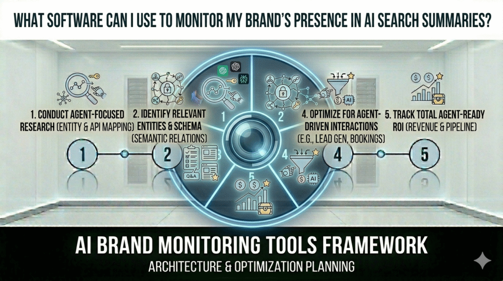 "A circular five-stage infographic timeline illustrating an 'AI Brand Monitoring Tools Framework' in a clean white digital environment, featuring icons for agent-focused research, entity identification, content alignment, AI conversation optimization, and total ROI calculation."