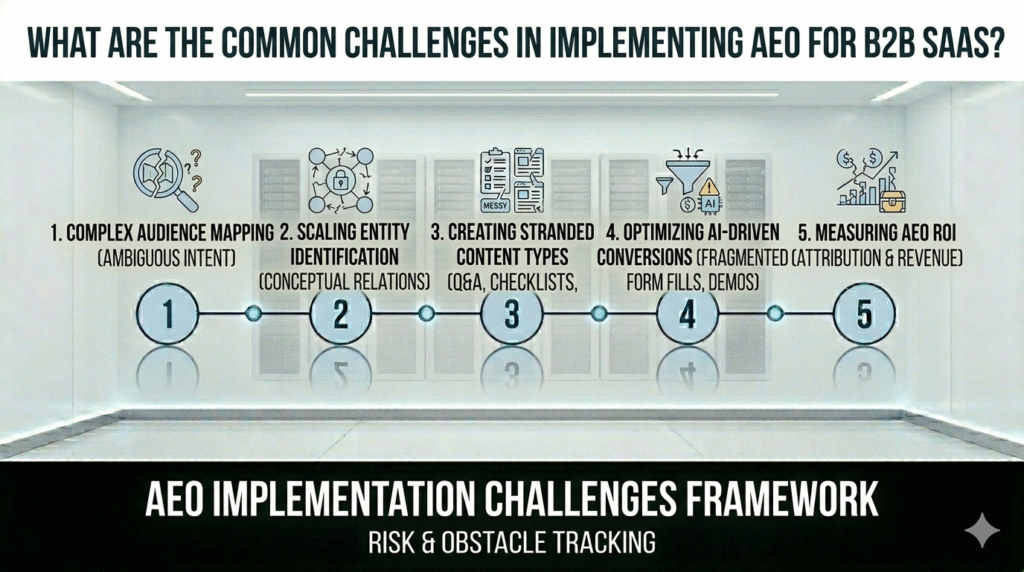 "A five-stage minimalist infographic timeline illustrating the common challenges in implementing AEO for B2B SaaS, featuring icons for complex audience mapping, scaling entity identification, content alignment, AI conversion optimization, and tracking ROI, all set in a futuristic white server room environment."