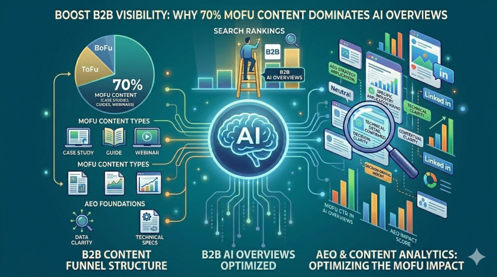 "BOOST B2B VISIBILITY: WHY 70% MOFU CONTENT DOMINATES AI OVERVIEWS" illustrating a B2B content funnel strategy optimized for AI Search (AEO). The graphic features a central glowing AI brain connected by circuit lines to three distinct sections. On the left, "B2B CONTENT FUNNEL STRUCTURE" shows a pie chart with 70% labeled as MOFU (Middle of the Funnel) content (Case Studies, Guides, Webinars) alongside ToFu (Top of Funnel) and BoFu (Bottom of Funnel) content types and AEO foundations like Data Clarity and Technical Specs. The center, "B2B AI OVERVIEWS OPTIMIZED," displays a ladder for Search Rankings with a person climbing to the top, pointing towards "B2B AI Overviews." The right, "AEO & CONTENT ANALYTICS: OPTIMIZING THE MOFU IMPACT," features a magnifying glass analyzing data screens (with annotations like "Technical Detail Confirmed," "Contextual Clarity," "Decision-Driving Insight") and performance metrics for "MoFu CTR in AI Overviews" and "AEO Impact Score," with floating LinkedIn icons.