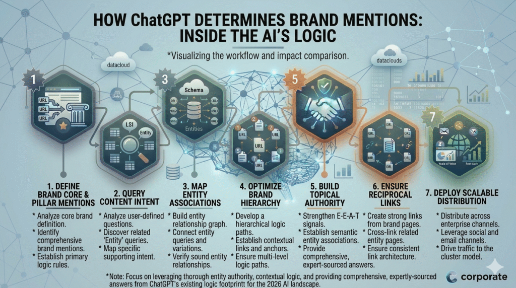 An infographic titled "HOW ChatGPT DETERMINES BRAND MENTIONS: INSIDE THE AI'S LOGIC," illustrating a seven-step corporate workflow for transition to a 2026 AI and AEO-focused landscape. The graphic is composed of interconnected glowing hexagonal sections with unique icons and detailed bullet descriptions, set against a networked digital background with glowing blue, teal, and green accents. It begins with "1. DEFINE BRAND CORE & PILLAR MENTIONS" (auditing comprehensive mentions and establishing rules) and progresses through "2. QUERY CONTENT INTENT" (analyzing questions and entity queries), "3. MAP ENTITY ASSOCIATIONS" (building entity relationship graphs), "4. OPTIMIZE BRAND HIERARCHY" (developing logic paths and contextual links), "5. BUILD TOPICAL AUTHORITY" (strengthening E-E-A-T and entity associations), "6. ENSURE RECIPROCAL LINKS" (creating contextual cross-links and structure), and concludes with "7. DEPLOY SCALABLE DISTRIBUTION" (distributing across enterprise and social channels to drive cluster traffic). Each step features detailed bullet points and clean icons, culminating in a note about entity authority and logic for modern AI landscapes. A 'corporate' logo is in the bottom right corner.