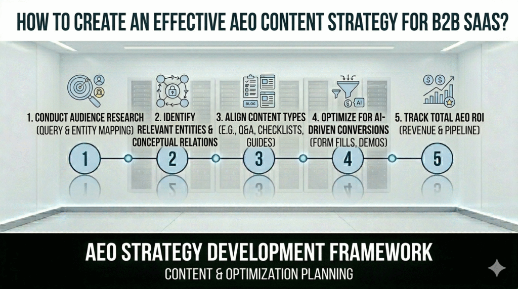 "A five-stage minimalist infographic illustrating the AEO Strategy Development Framework for B2B SaaS, featuring icons for audience research, entity identification, content alignment, AI conversion optimization, and ROI tracking, displayed in a clean white digital environment."