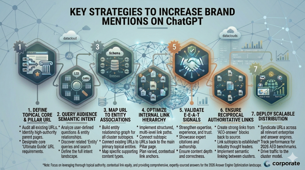 An infographic titled "KEY STRATEGIES TO INCREASE BRAND MENTIONS ON ChatGPT," detailing a seven-step corporate workflow to transition from traditional methods to a connected cluster and AEO-focused landscape. The graphic is composed of interconnected glowing hexagonal sections with unique icons and detailed bullet descriptions, set against a networked digital background with glowing blue, teal, and green accents. It begins with "1. DEFINE TOPICAL CORE & PILLAR URL" (auditing and identifying high-authority pages) and progresses through "2. QUERY AUDIENCE SEMANTIC INTENT" (analyzing questions and entity queries), "3. MAP URL TO ENTITY ASSOCIATIONS" (building entity relationship graphs), "4. OPTIMIZE INTERNAL LINK HIERARCHY" (implementing multi-level link paths), "5. VALIDATE E-E-A-T SIGNALS" (strengthening expertise and trust), "6. ENSURE RECIPROCAL AUTHORITATIVE LINKS" (creating contextual cross-links and structure), and concludes with "7. DEPLOY SCALABLE DISTRIBUTION" (distributing across enterprise and social channels to drive cluster traffic). Each step features detailed bullet points and clean icons, culminating in a note about entity authority and logic for modern AI landscapes. A 'corporate' logo is in the bottom right corner.
