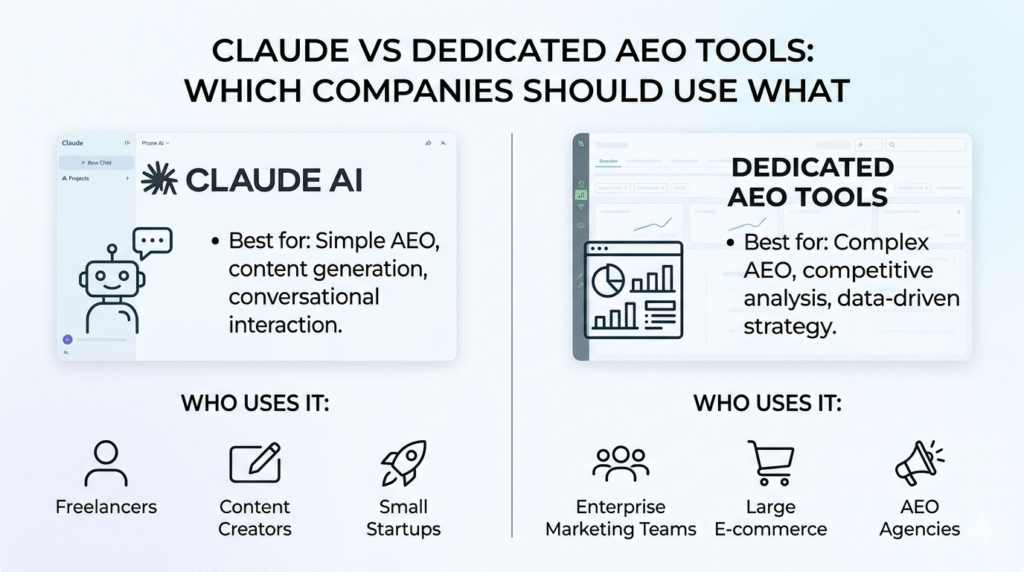 A minimalist, modern digital infographic comparing 'Claude AI' and 'Dedicated AEO Tools' to guide company selection. The top title reads: 'CLAUDE VS DEDICATED AEO TOOLS: WHICH COMPANIES SHOULD USE WHAT'. A vertical line divides the image. The left side is for 'CLAUDE AI' with a minimalist icon of a chat bubble robot and points: 'Best for: Simple AEO, content generation, conversational interaction.' Below this, under 'WHO USES IT:', minimalist icons represent 'Freelancers', 'Content Creators', and 'Small Startups'. The right side is for 'DEDICATED AEO TOOLS' with a minimalist icon of a dashboard with graphs and points: 'Best for: Complex AEO, competitive analysis, data-driven strategy.' Below this, under 'WHO USES IT:', minimalist icons represent 'Enterprise Marketing Teams', 'Large E-commerce', and 'AEO Agencies'. The color scheme is light blue, grey, and white.