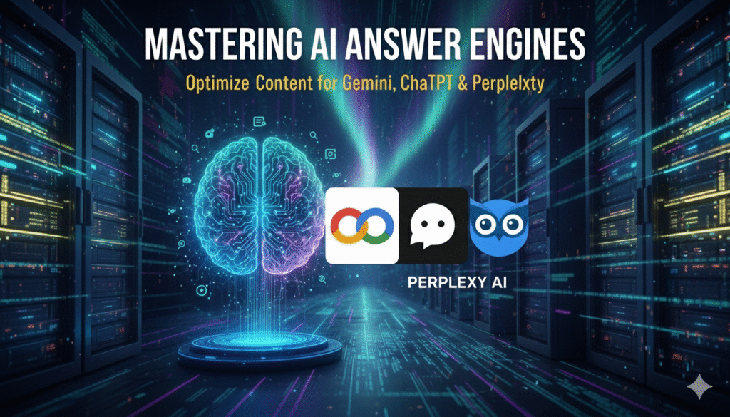 "Data visualization of a glowing digital brain surrounded by server racks, representing AI answer engine optimization for Google Gemini, ChatGPT, and Perplexity."