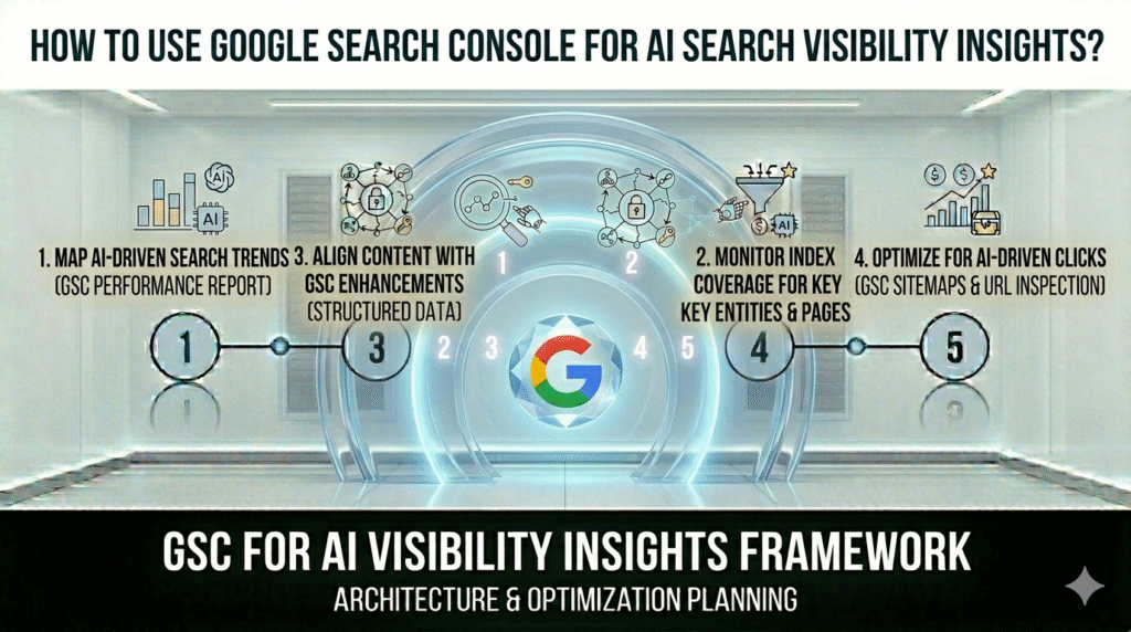 "A five-stage arch-style infographic titled 'GSC for AI Visibility Insights Framework', illustrating the process of mapping search trends, monitoring index coverage, aligning content with structured data, and optimizing for AI-driven clicks within a clean, enterprise-grade digital environment."