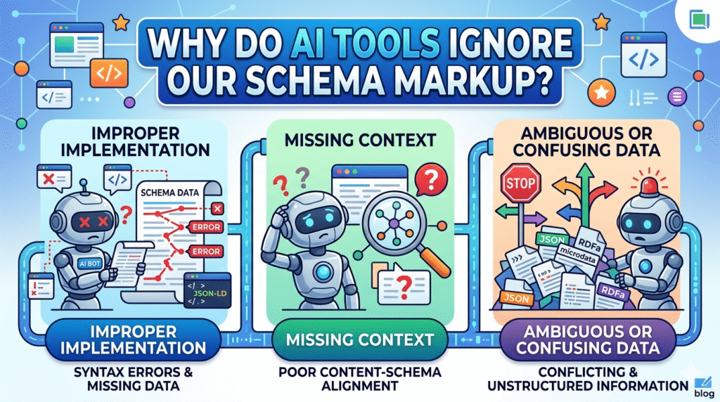 An informative 16:9 infographic titled "Why Do AI Tools Ignore Our Schema Markup?" featuring three illustrative panels. The first panel shows an AI bot struggling with "Improper Implementation" due to syntax errors; the second depicts a confused bot under "Missing Context" with poor content-schema alignment; and the third shows a bot overwhelmed by "Ambiguous or Confusing Data" caused by conflicting information.