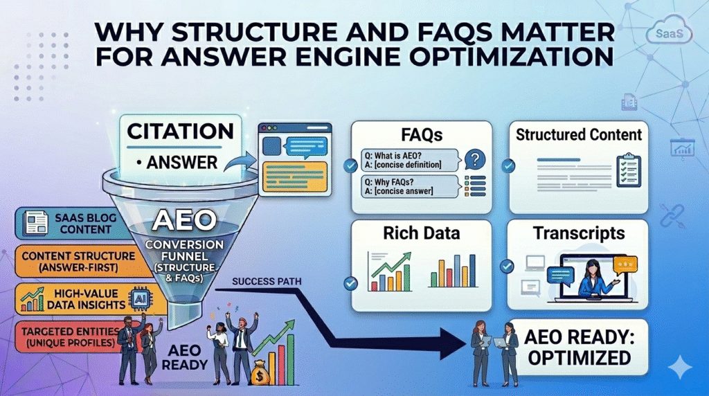 A clean, simplified infographic titled "Why Structure and FAQs Matter for Answer Engine Optimization." It features an AEO conversion funnel on the left that processes content structure and data insights into "Citation Answers." On the right, four clear cards highlight the core pillars of AEO readiness: FAQs, Structured Content, Rich Data, and Transcripts. A large "Success Path" arrow points toward the final goal: "AEO Ready: Optimized."