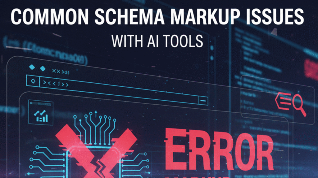 A digital technical interface displaying a large red "X" error symbol over code snippets, illustrating common schema markup errors and the process of troubleshooting, auditing, and validating structured data using AI tools.