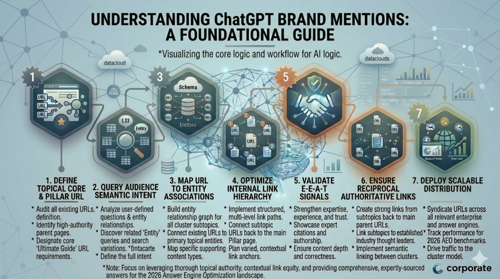 An infographic titled "UNDERSTANDING ChatGPT BRAND MENTIONS: A FOUNDATIONAL GUIDE," detailing a seven-step corporate workflow for transition from traditional methods to a connected cluster and AEO-focused landscape. The graphic is composed of interconnected glowing hexagonal sections with unique icons and detailed bullet descriptions, set against a networked digital background with glowing blue, teal, and green accents. It begins with "1. DEFINE TOPICAL CORE & PILLAR URL" (auditing comprehensive mentions and establishing primary rules) and progresses through "2. QUERY CONTENT INTENT" (analyzing questions and entity queries), "3. MAP ENTITY ASSOCIATIONS" (building entity relationship graphs), "4. OPTIMIZE BRAND HIERARCHY" (developing hierarchical logic paths and contextual links), "5. BUILD TOPICAL AUTHORITY" (strengthening E-E-A-T and semantic associations), "6. ENSURE RECIPROCAL LINKS" (creating strong, cross-linked structures), and concludes with "7. DEPLOY SCALABLE DISTRIBUTION" (distributing across enterprise and social channels to drive cluster traffic). Each step features detailed bullet points and clean icons, culminating in a note about entity authority and logic for modern AI landscapes. A 'corporate' logo is in the bottom right corner. The entire perspective is from a direct front view, and all text is perfectly rendered and legible, preserving the hierarchical and bulleted list structure.