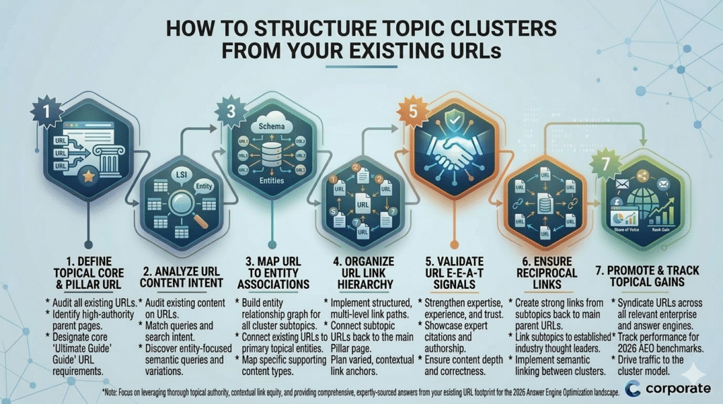 An infographic titled "HOW TO STRUCTURE TOPIC CLUSTERS FROM YOUR EXISTING URLs," illustrating a 7-step corporate workflow. The workflow is presented in numbered hexagonal sections connected by lines, with bulleted text descriptions below. It starts with "1. DEFINE TOPICAL CORE & PILLAR URL" (auditing and identifying high-authority pages) and proceeds through "2. ANALYZE URL CONTENT INTENT" (matching queries and search intent), "3. MAP URL TO ENTITY ASSOCIATIONS" (building entity graphs and mapping URLs), "4. ORGANIZE URL LINK HIERARCHY" (implementing structured link paths), "5. VALIDATE URL E-E-A-T SIGNALS" (strengthening expertise and trust), "6. ENSURE RECIPROCAL LINKS" (creating links to main parents and semantic links between clusters), and ends with "7. PROMOTE & TRACK TOPICAL GAINS" (syndicating URLs and tracking performance). A 'corporate' logo is in the bottom right corner, and a concluding note describes the AEO and Topical Authority goals. All text is clearly legible, and the visual style is a clean, corporate infographic with glowing accents on a light background.