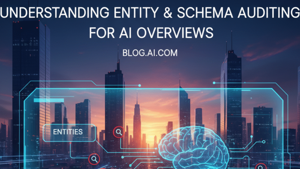 A digital interface overlaying a modern cityscape, featuring a glowing brain icon connected to nodes labeled "Entities," "Schema," and "Auditing," representing the process of auditing structured data for AI overviews.