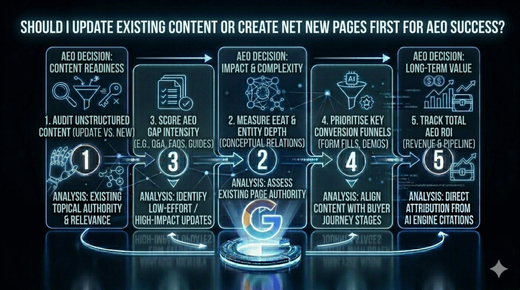 "A five-stage infographic framework titled 'Should I Update Existing Content or Create Net New Pages First for AEO Success?', detailing a structured decision process for Generative Engine Optimization. The timeline outlines five steps: auditing unstructured content (update vs. new), measuring topical authority, identifying AEO gap intensity, aligning content with buyer journey stages, and tracking total AEO ROI from AI engine citations, set in a clean, futuristic dark-mode digital data environment."
