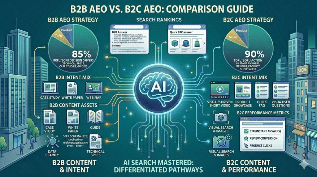 An infographic titled "B2B AEO VS. B2C AEO: COMPARISON GUIDE" contrasting two differentiated optimization pathways for AI Search Success, centered around an AI brain. The left "B2B CONTENT & INTENT" side focuses on technical content (Case Studies, White Papers) for MoFu/BoFu decision drivers. The right "B2C CONTENT & PERFORMANCE" side focuses on visual, instant actions (Short Videos, Product Showcases) for ToFu/BoFu actions. The center visualizes "AI SEARCH MASTERED: DIFFERENTIATED PATHWAYS."