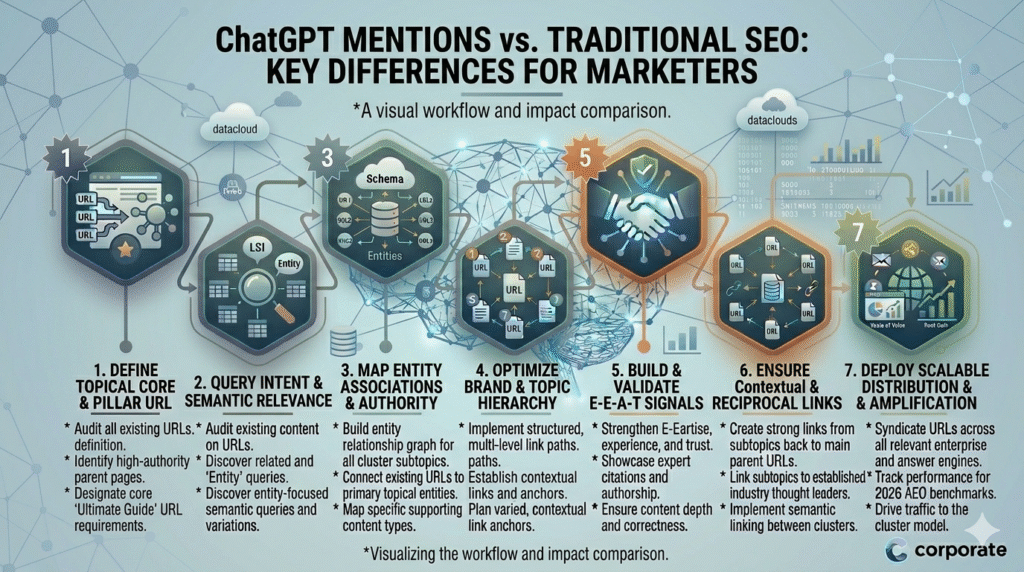 An infographic comparing "ChatGPT MENTIONS vs. TRADITIONAL SEO," detailing key differences for marketers. The image displays seven numbered hexagonal process steps, connected by glowing lines on a networked blue and white digital background with network nodes. From left to right: (1) DEFINE TOPICAL CORE & PILLAR URL (identifying high-authority parent pages and ultimate guide requirements), (2) QUERY INTENT & SEMANTIC RELEVANCE (analyzing existing content and entity-focused queries), (3) MAP ENTITY ASSOCIATIONS & AUTHORITY (building entity graphs and connecting supporting content types), (4) OPTIMIZE BRAND & TOPIC HIERARCHY (implementing multi-level link paths and contextual anchors), (5) BUILD & VALIDATE E-E-A-T SIGNALS (strengthening expertise and citations), (6) ENSURE CONTEXTUAL & RECIPROCAL LINKS (creating semantic linking between clusters), and (7) DEPLOY SCALABLE DISTRIBUTION & AMPLIFICATION (syndicating URLs and tracking 2026 AEO benchmarks). Each step has specific icons and bulleted text describing the focus. A final note is visible at the bottom about a visual workflow and impact comparison. A 'corporate' logo is in the bottom right corner. The perspective is front-on, ensuring all text is perfectly legible, preserving the hierarchical and bulleted list structure from image_32.png. The colors and connecting lines are crisp.