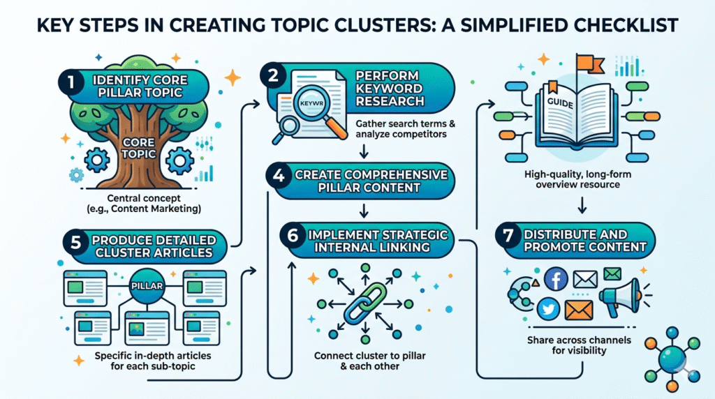 A clear infographic outlining the 7 essential steps for creating effective topic clusters: 1. Identify Core Pillar Topic, 2. Perform Keyword Research, 3. Map Cluster Content Ideas, 4. Create Comprehensive Pillar Content, 5. Produce Detailed Cluster Articles, 6. Implement Strategic Internal Linking, 7. Distribute and Promote Your Content. This checklist is a valuable guide for content marketers in Chennai and beyond, showcasing local expertise in SEO and content strategy.