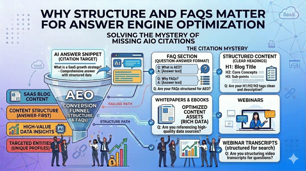 An infographic titled "Why Structure and FAQs Matter for Answer Engine Optimization," which visualizes the AEO Conversion Funnel. The graphic illustrates how structuring SaaS blog content with an answer-first approach and utilizing high-value data insights leads to AI answer snippets and citations (the "Structure Path"). It details common content formats for AEO including FAQ Sections, Structured Content with clear headings, Whitepapers with rich data, and structured Webinar transcripts, contrasted against a failure path of unoptimized content.
